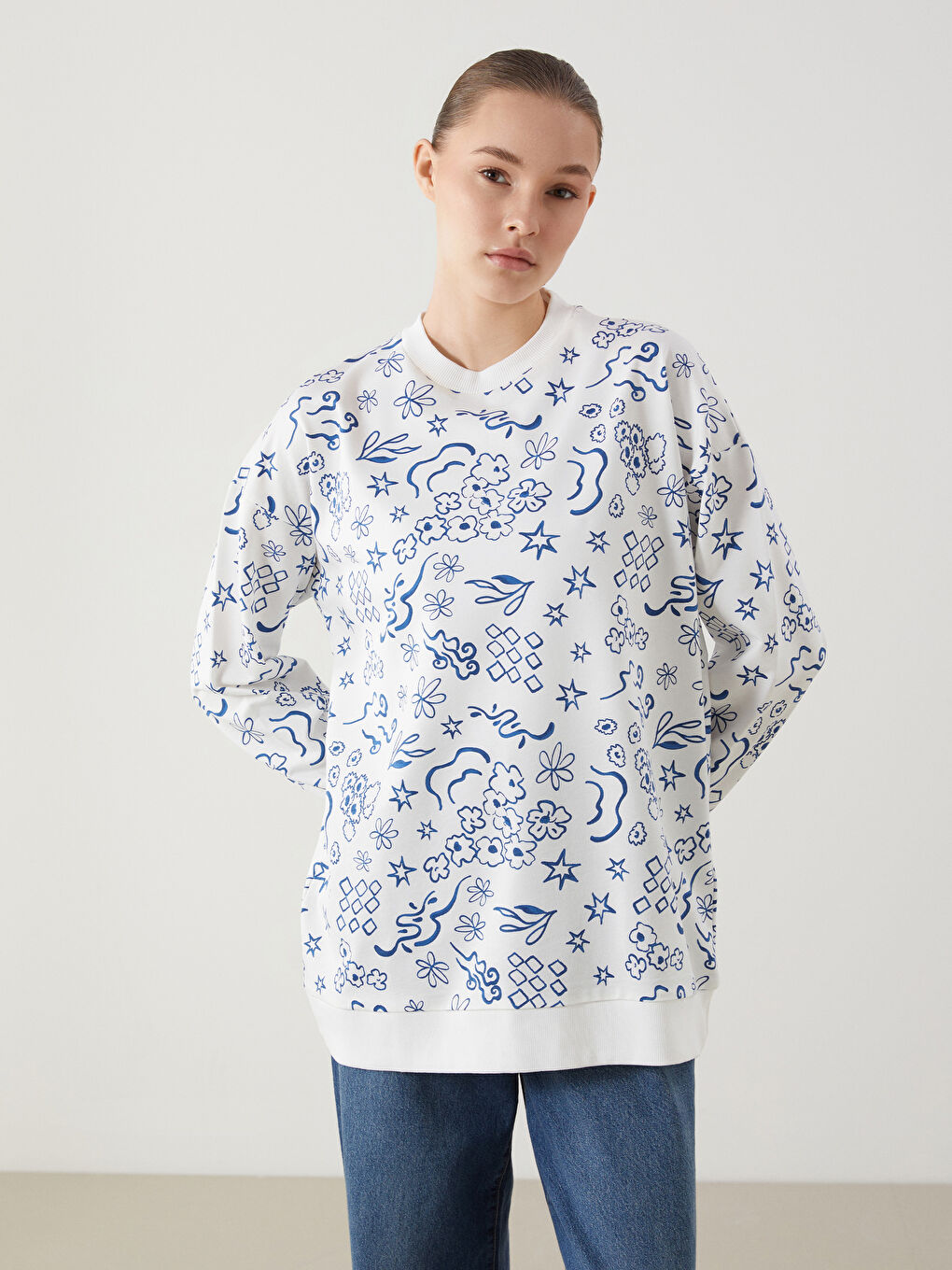 LCW Modest Patterned Oversize Women's Sweatshirt Tunic -S5HA12Z8-LQQ