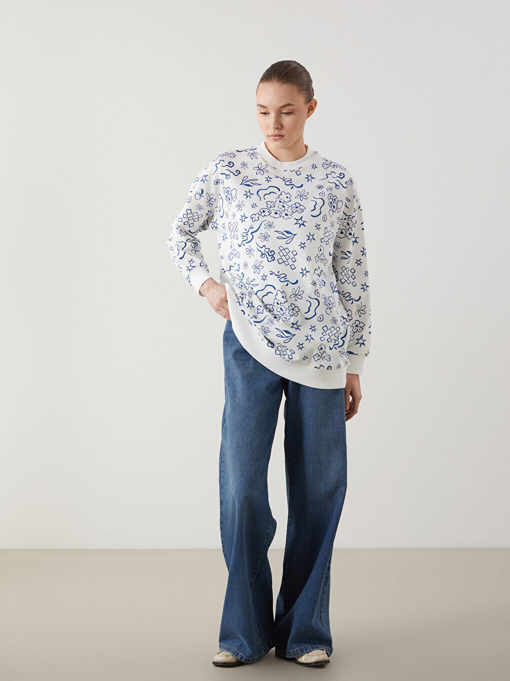 LCW Modest Patterned Oversize Women's Sweatshirt Tunic -S5HA12Z8-LQQ