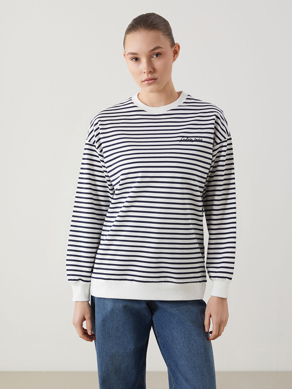 LCW Modest Crew Neck Striped Women's Sweatshirt Tunic -S5HA15Z8-LGP