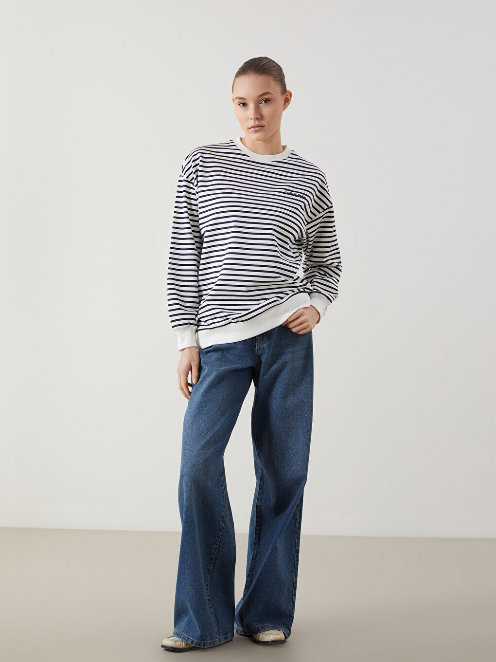 LCW Modest Crew Neck Striped Women's Sweatshirt Tunic -S5HA15Z8-LGP