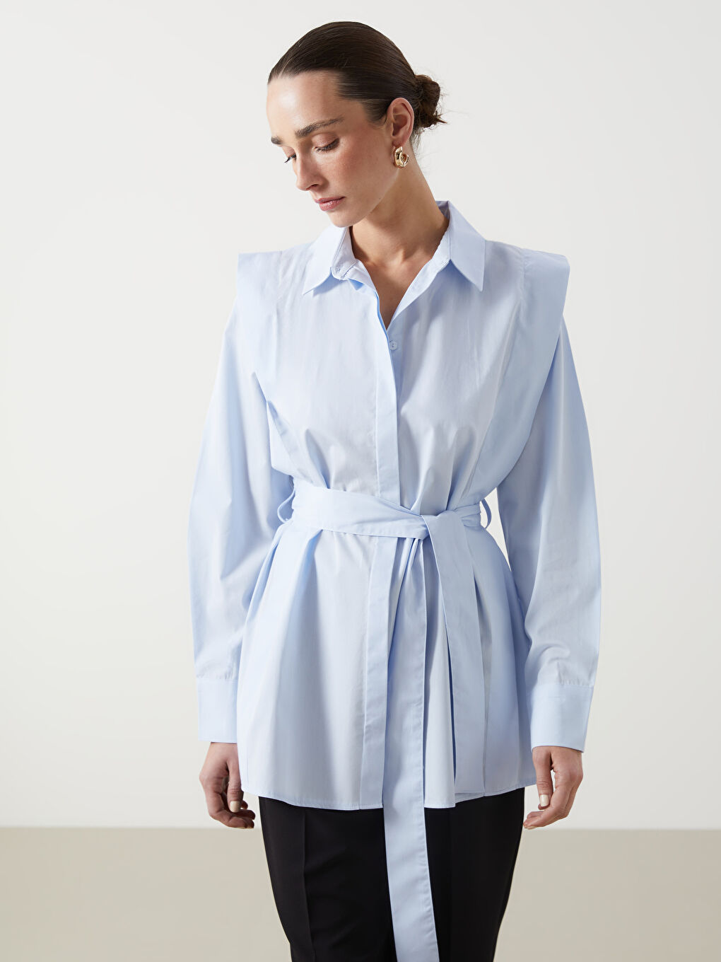 Mavi Düz Uzun Kollu Kadın Gömlek Tunik