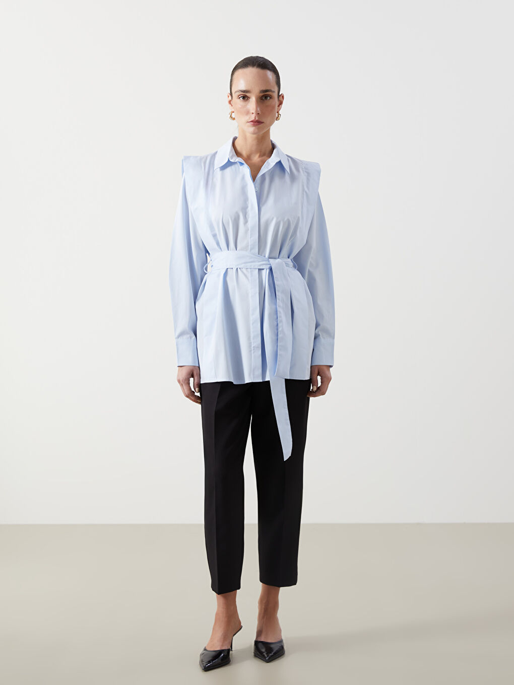 Mavi Düz Uzun Kollu Kadın Gömlek Tunik-1