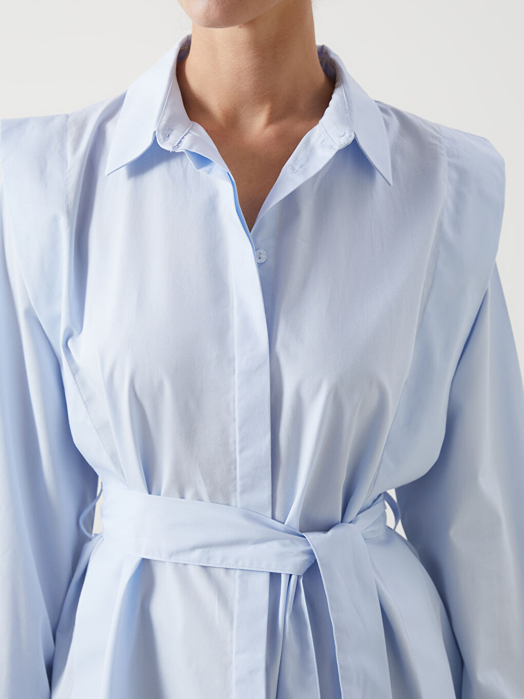 Mavi Düz Uzun Kollu Kadın Gömlek Tunik-2