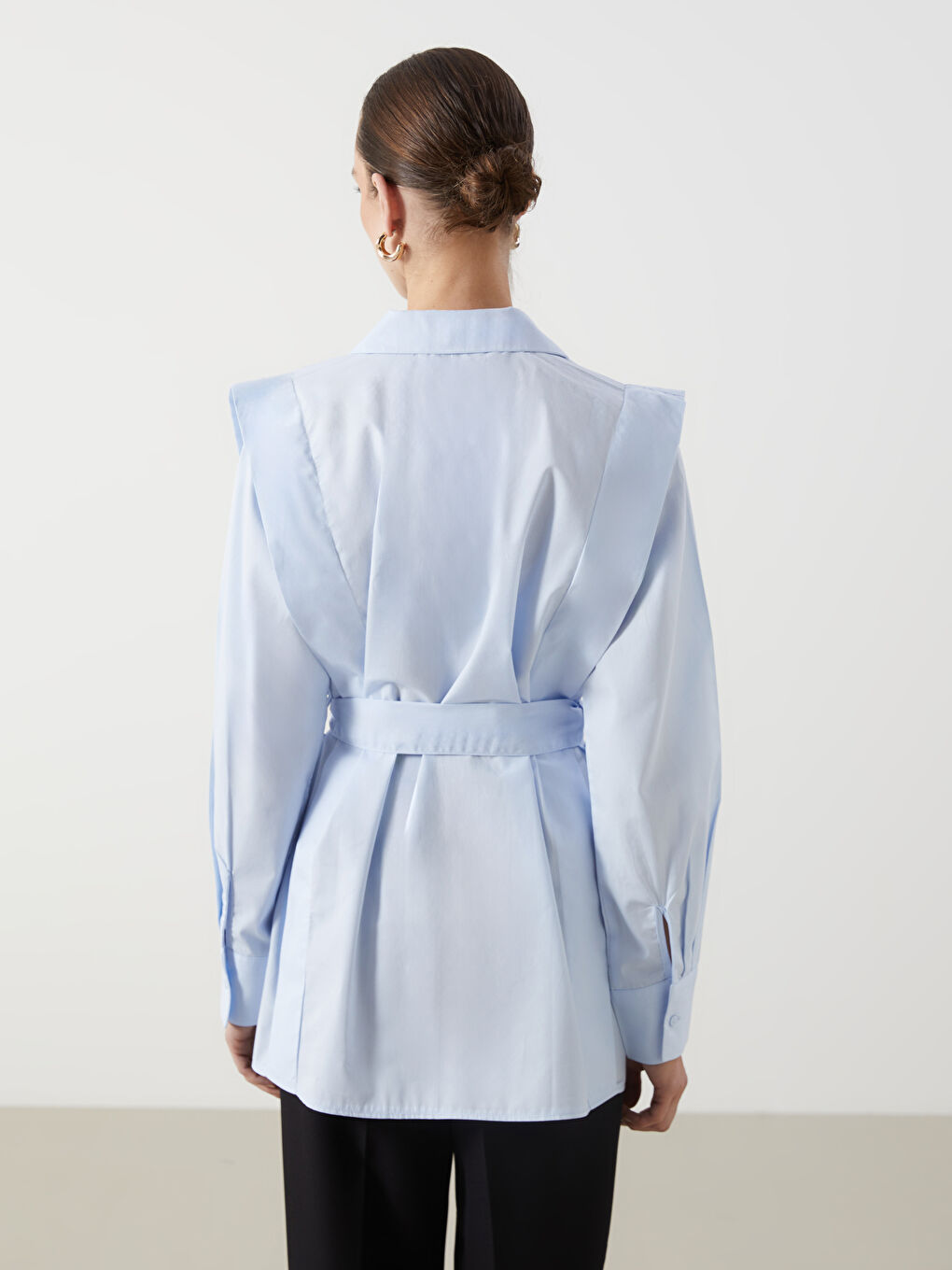 Mavi Düz Uzun Kollu Kadın Gömlek Tunik-3