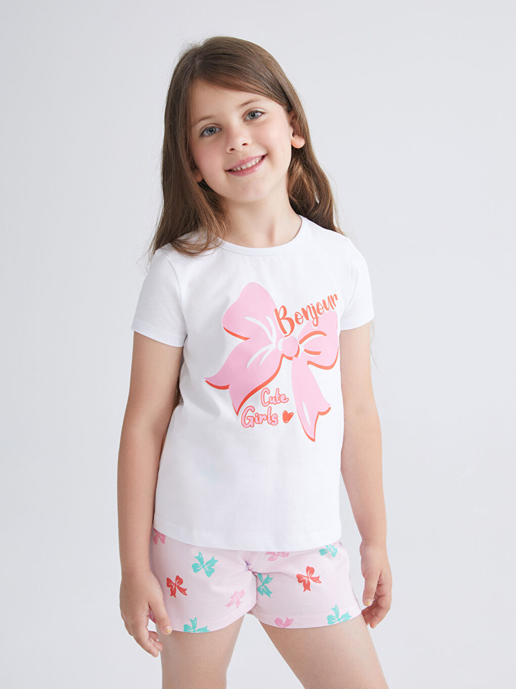 LCW Kids Bow Printed Girls' Shortie Pyjama Set -S5HA97Z1-Q6K