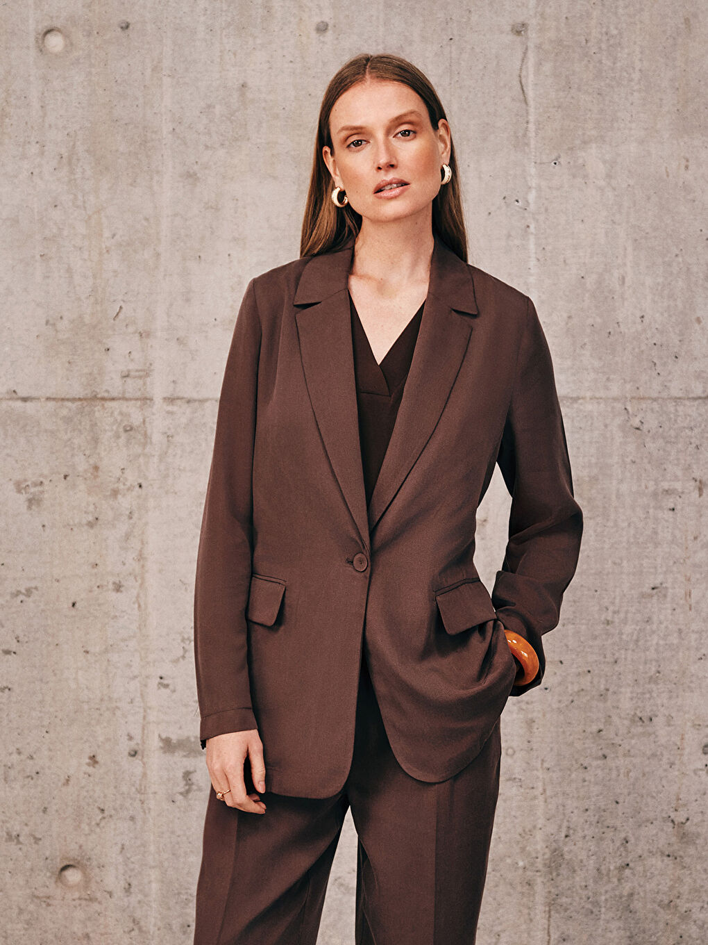 Kahverengi Regular Fit Kadın Blazer Ceket-1