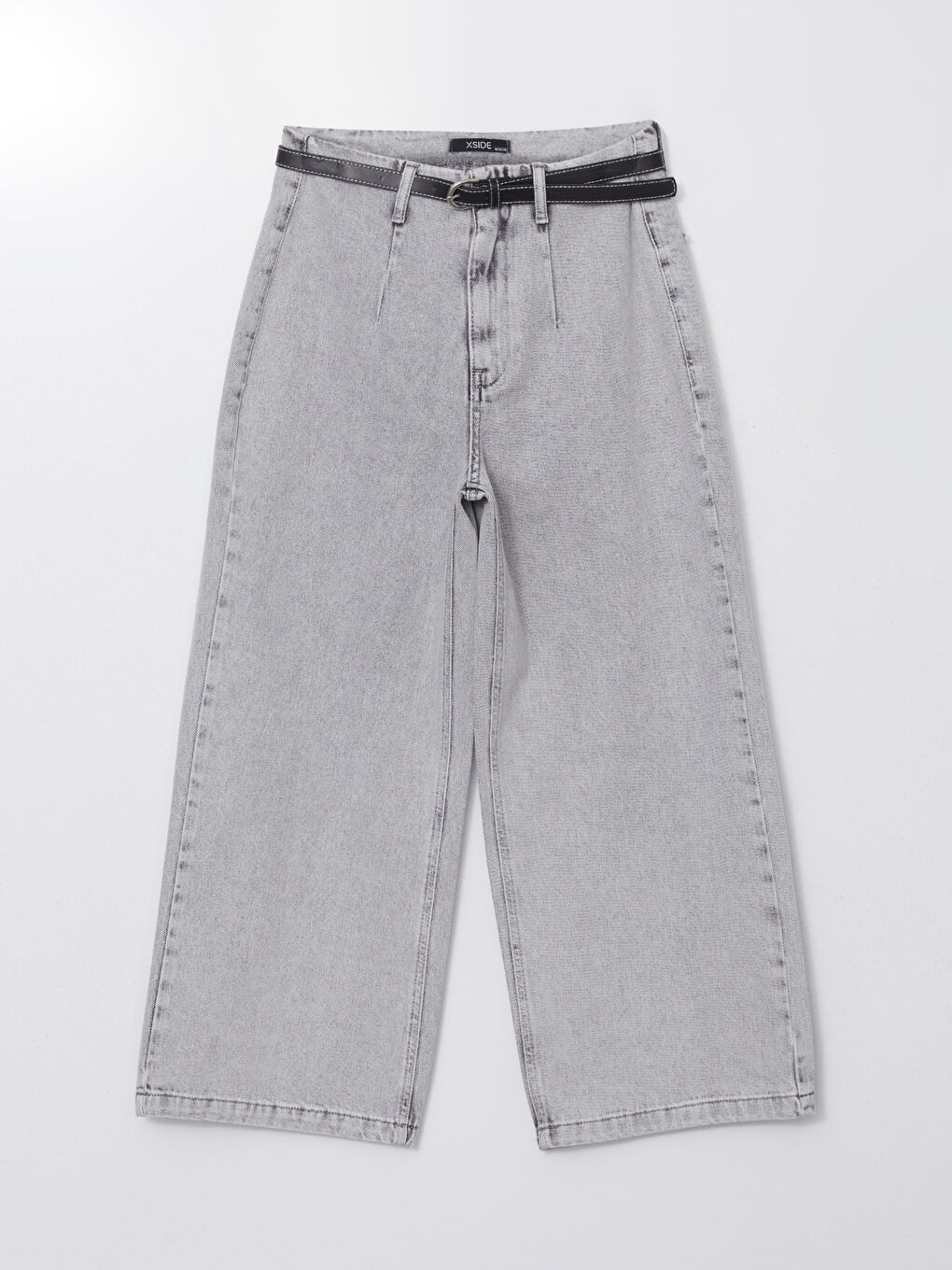 Gri Beli Kemerli Wideleg Kadın Jean Pantolon-5