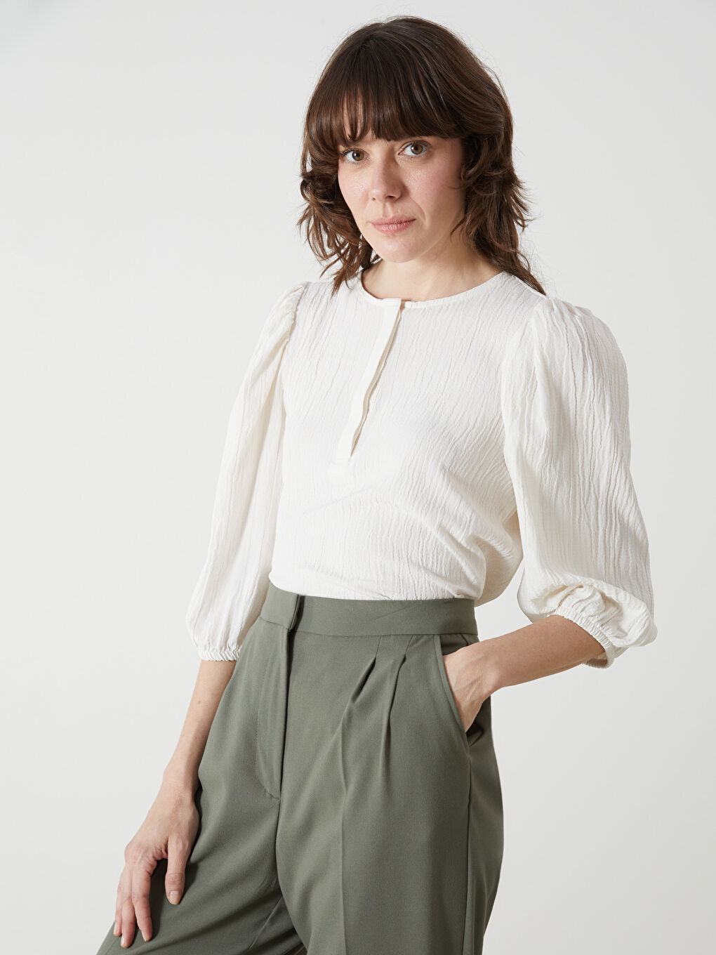 Crew Neck Textured Women's Blouse -S5HB42Z8-FEW