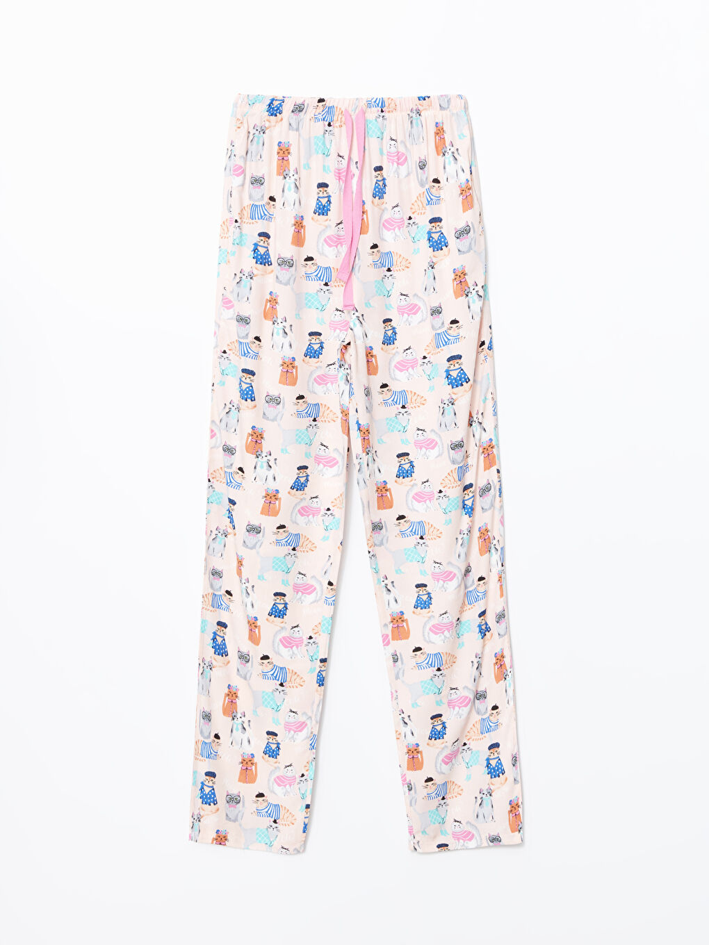 Pembe Beli Lastikli Kedi Baskılı Kadın Pijama Altı-1