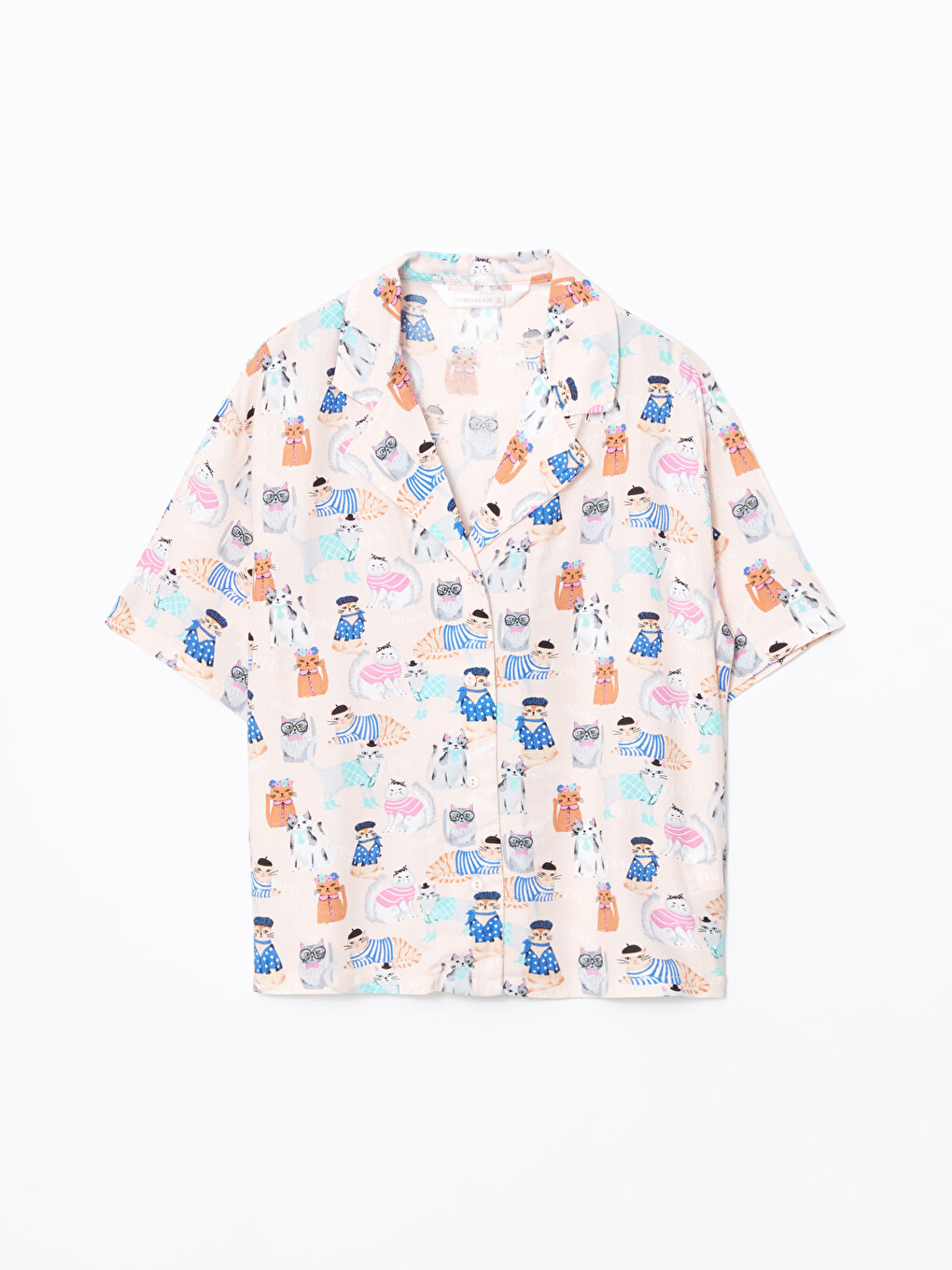 Pembe Gömlek Yaka Kedi Baskılı Kadın Pijama Üst