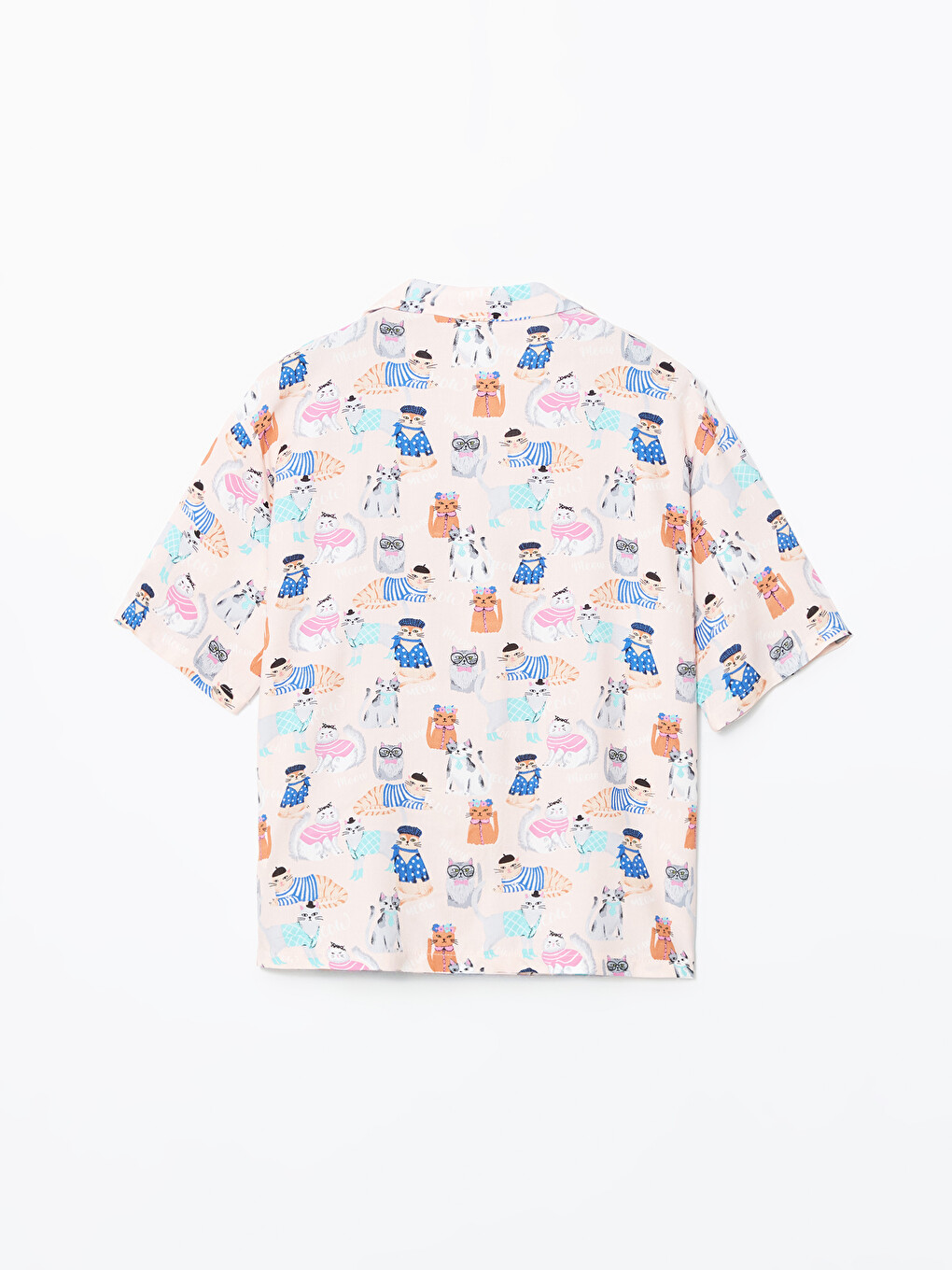Pembe Gömlek Yaka Kedi Baskılı Kadın Pijama Üst-1