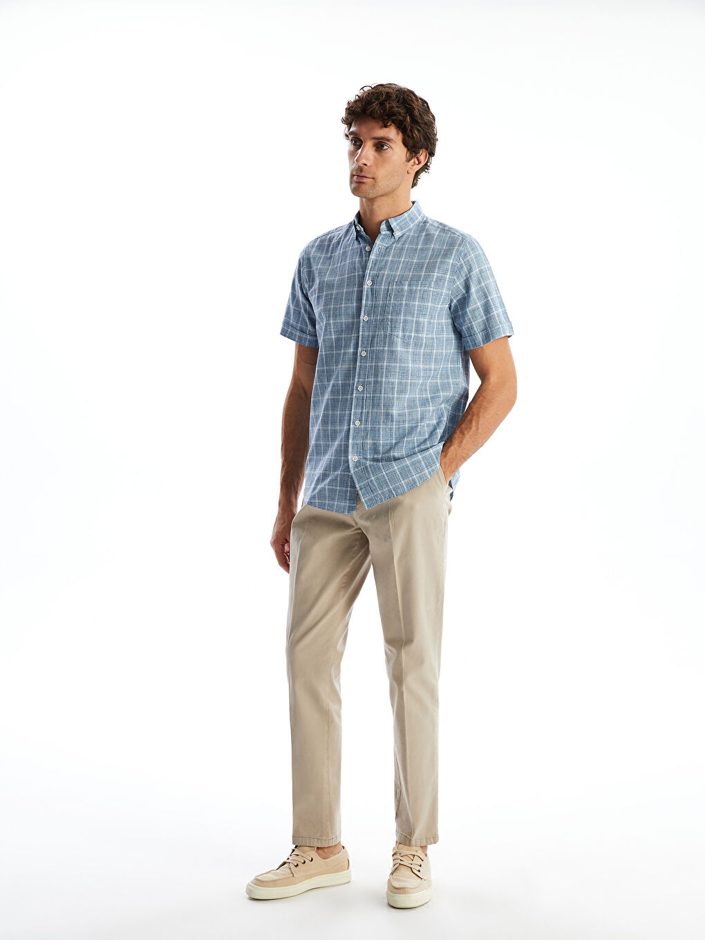 Regular Fit Short Sleeve Plaid Poplin Men's Shirt-1