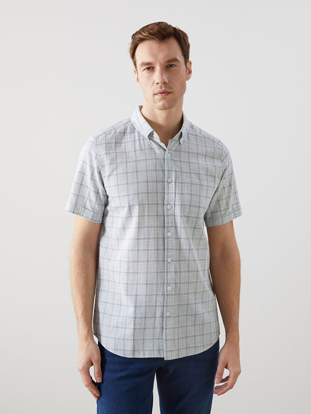 Regular Fit Short Sleeve Plaid Poplin Men's Shirt-1