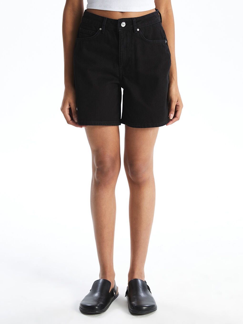 Siyah Yüksek Bel Mom Fit Kadın Jean Şort-1