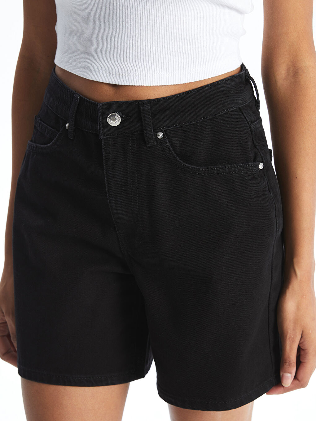 Siyah Yüksek Bel Mom Fit Kadın Jean Şort-2