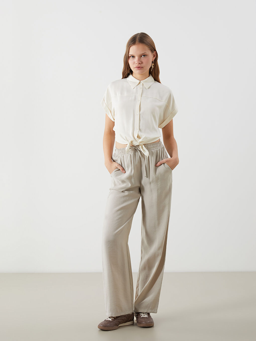 Bej Beli Lastikli Modal Karışımlı Kadın Pantolon