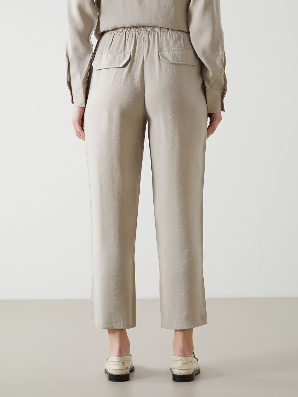Bej Beli Lastikli Kadın Pantolon-3