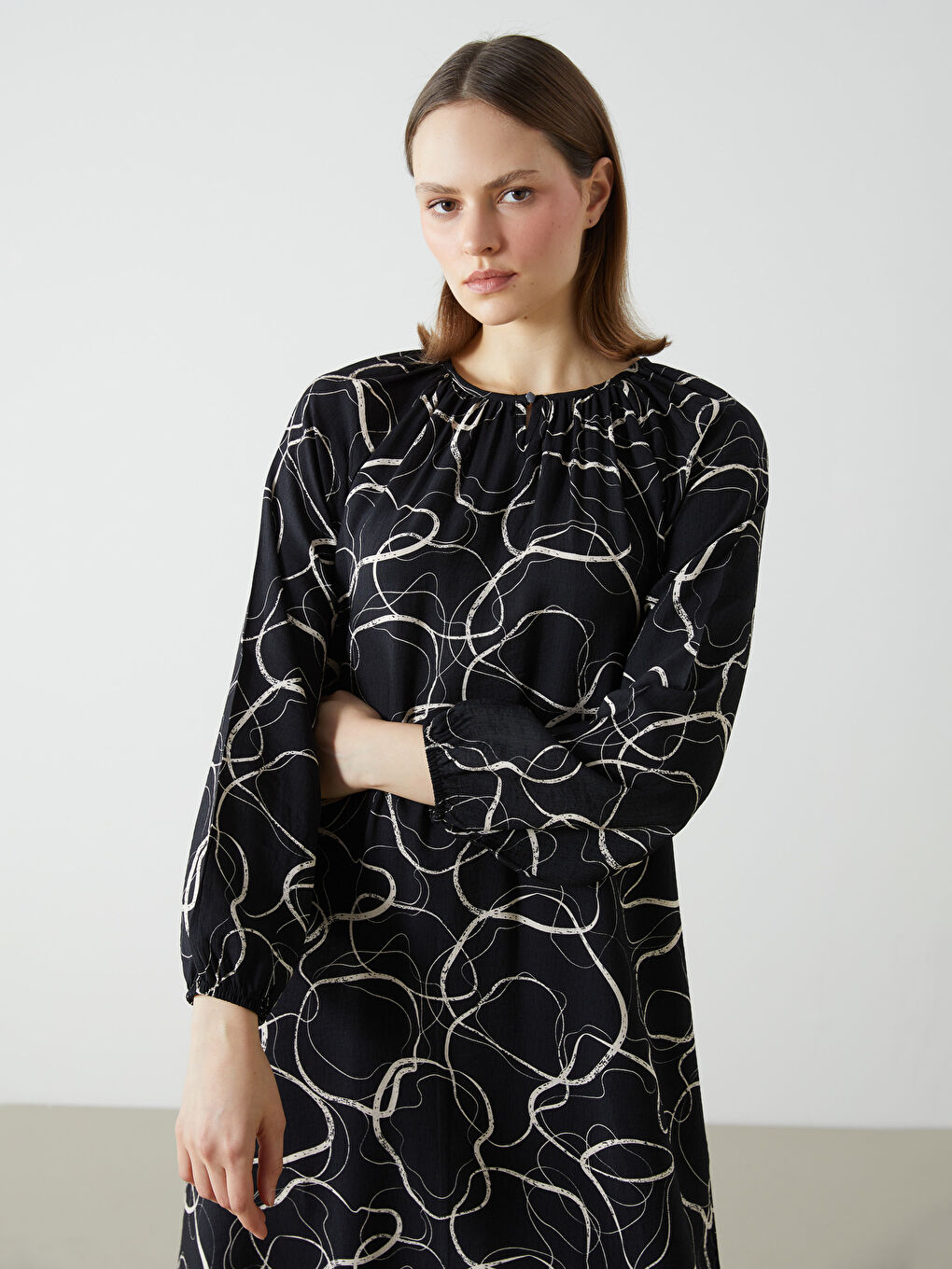 Crew Neck Patterned Women's Dress -S5HD39Z8-SW5