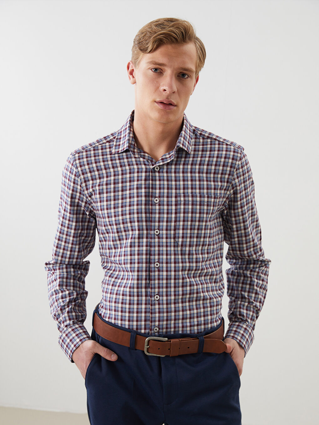 Regular Fit Long Sleeve Plaid Gabardine Men's Shirt