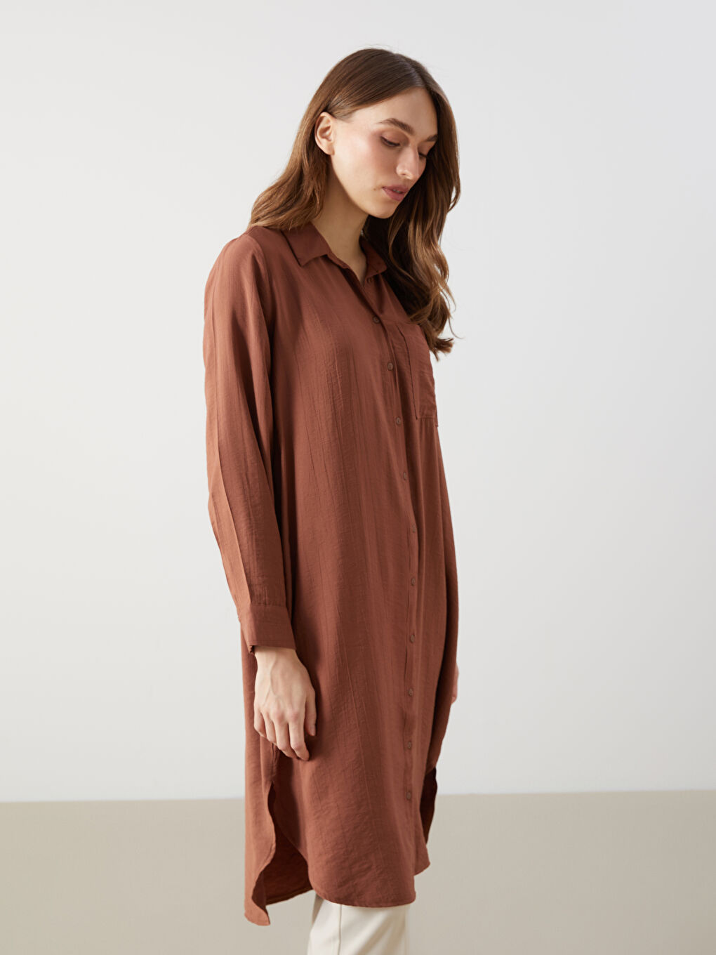 Kahverengi Dokulu Krinkle Kadın Gömlek Tunik