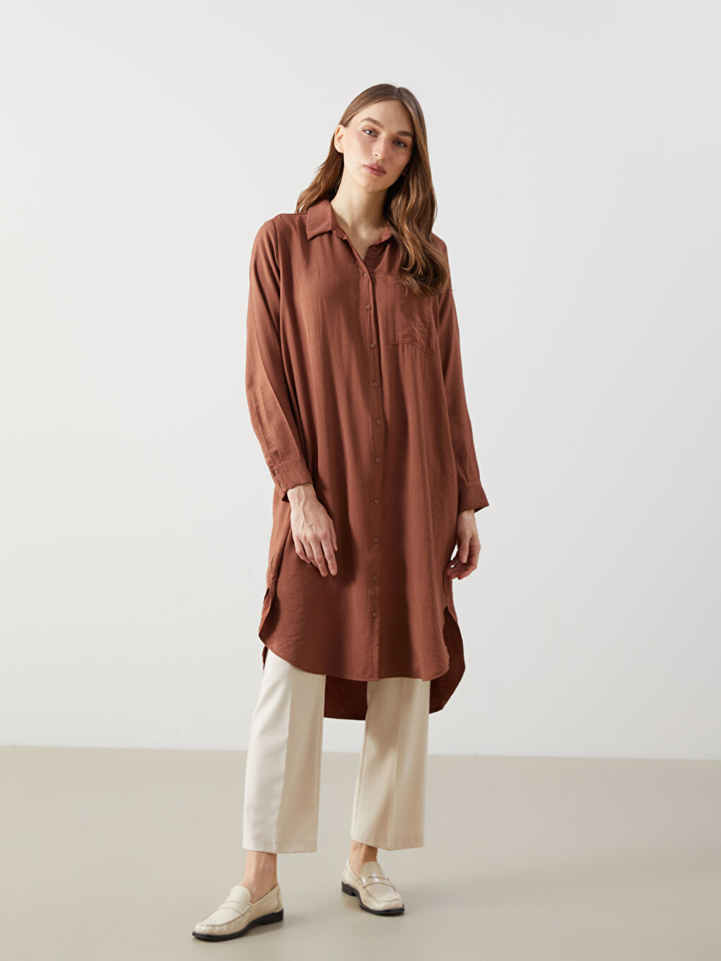 Kahverengi Dokulu Krinkle Kadın Gömlek Tunik-1