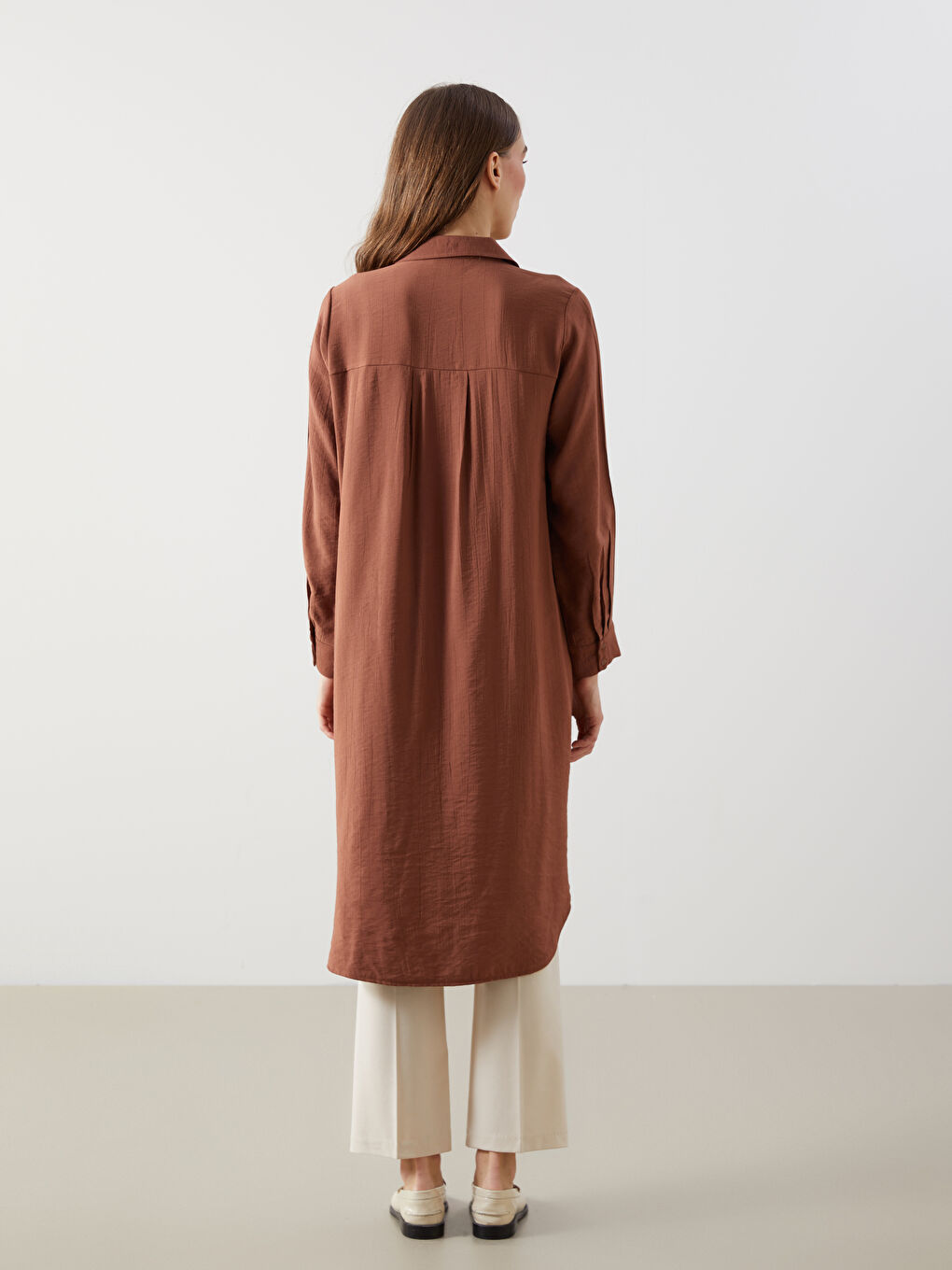 Kahverengi Dokulu Krinkle Kadın Gömlek Tunik-3