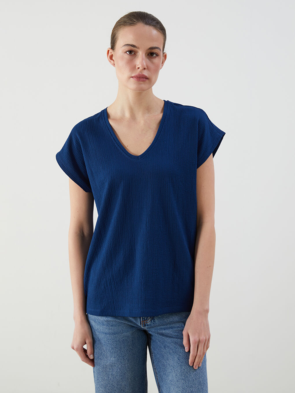 V-Neck Textured Women's T-Shirt -S5HG12Z8-HEU