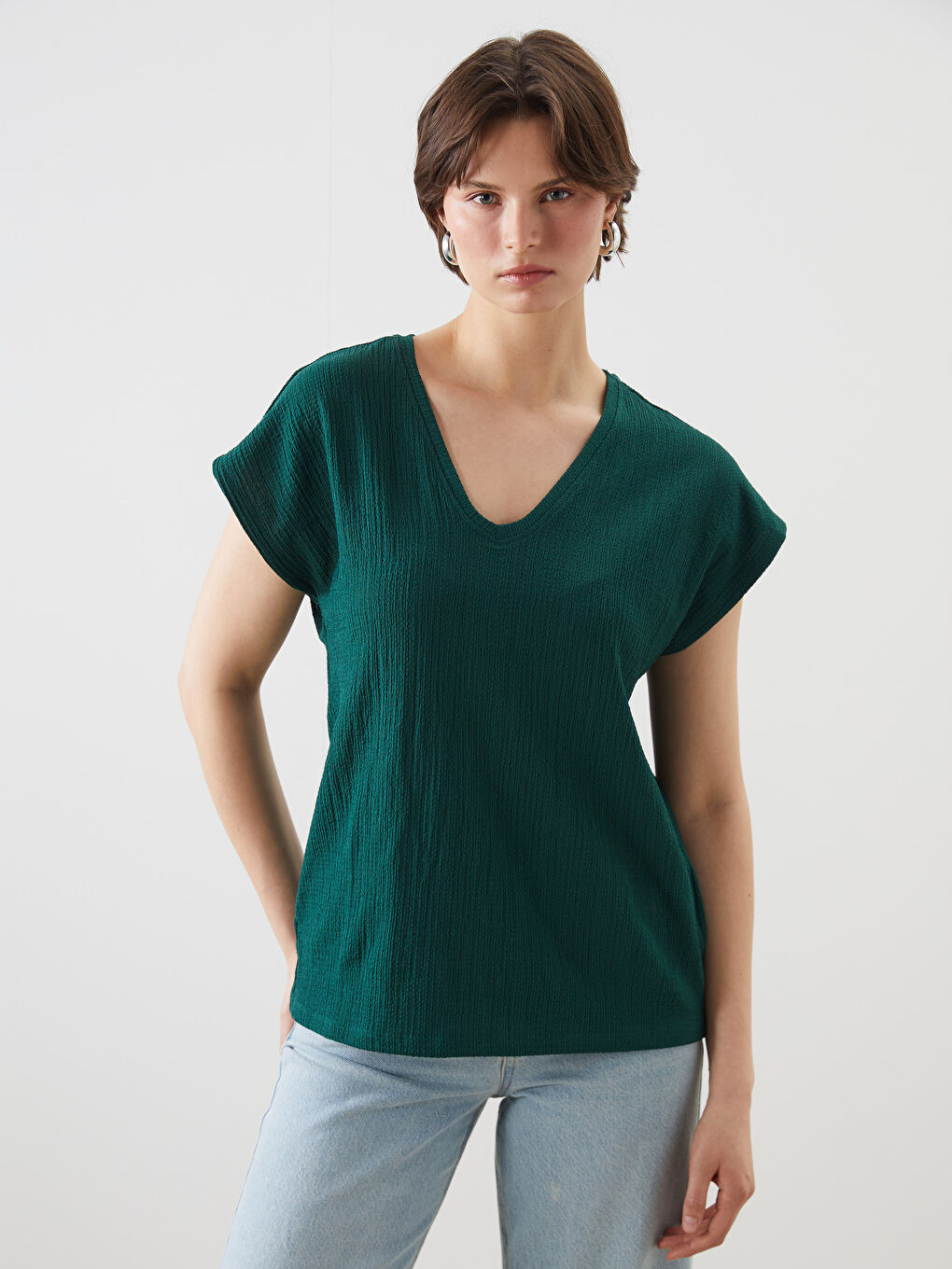 V-Neck Textured Women's T-Shirt -S5HG12Z8-KVX