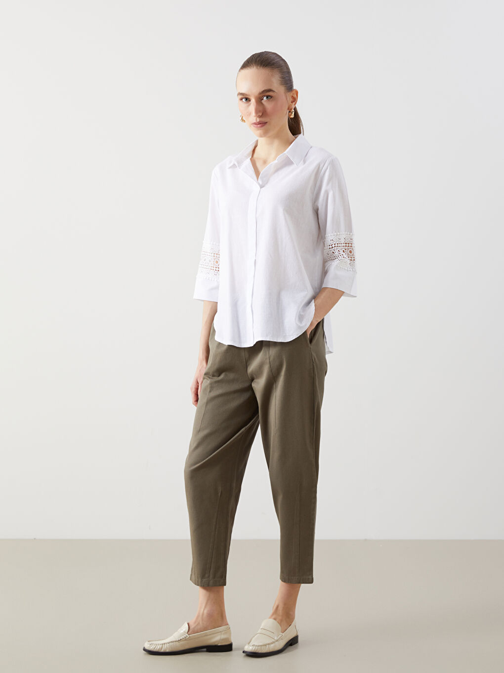 Haki Beli Lastikli Havuç Kesim Kadın Pantolon