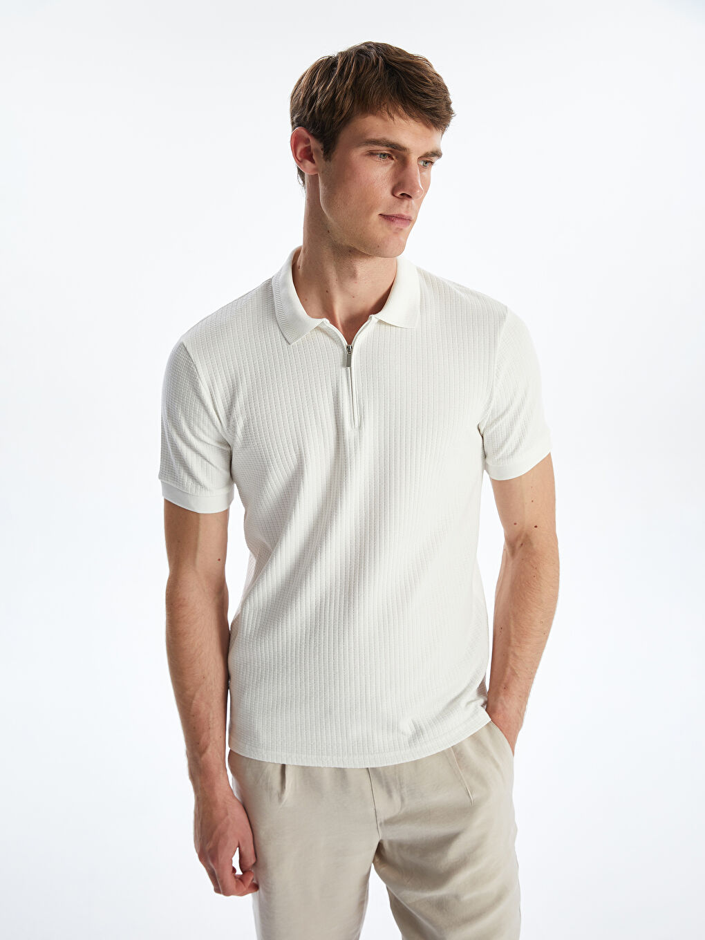 T-shirt Texturé à Col Polo Zippé pour Hommes