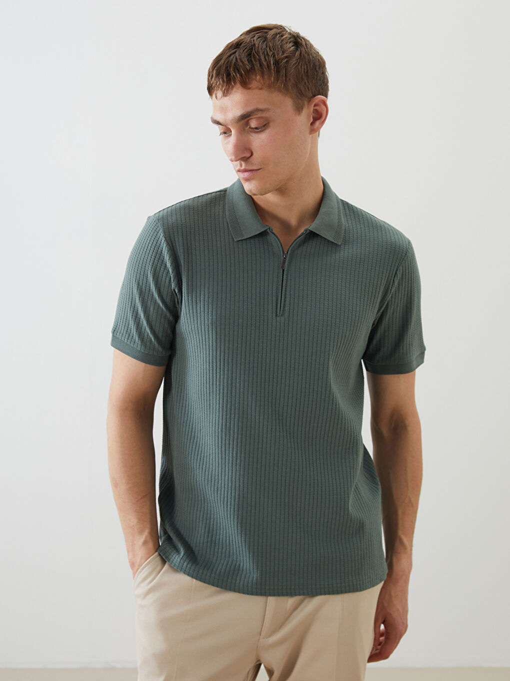 Zip-Up Polo Neck Men's Textured T-Shirt