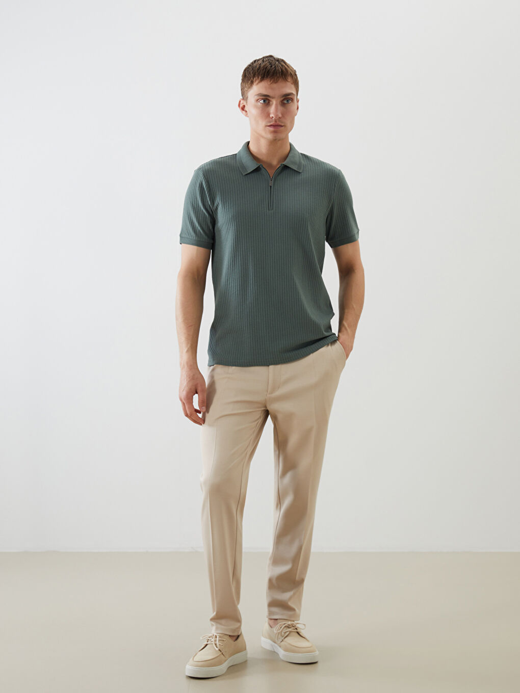 Zip-Up Polo Neck Men's Textured T-Shirt-1
