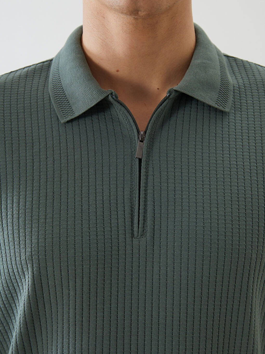 Zip-Up Polo Neck Men's Textured T-Shirt-2