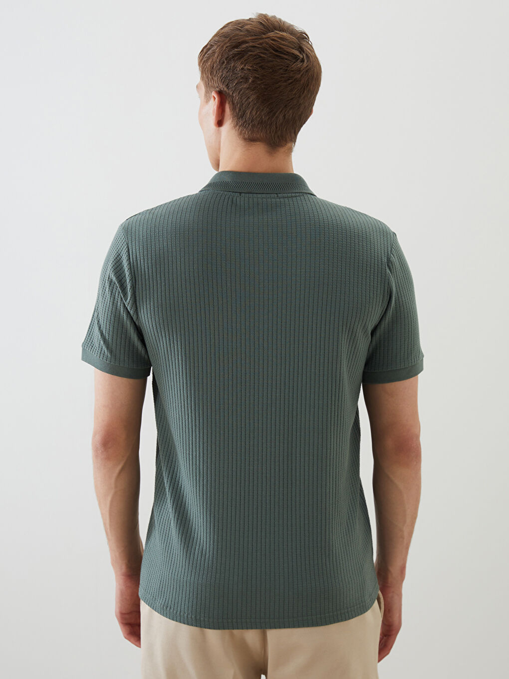 Zip-Up Polo Neck Men's Textured T-Shirt-3