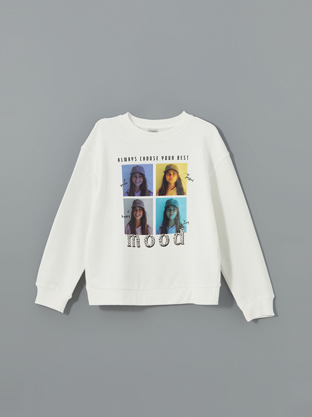 Ekru Bisiklet Yaka Baskılı Kız Çocuk Sweatshirt