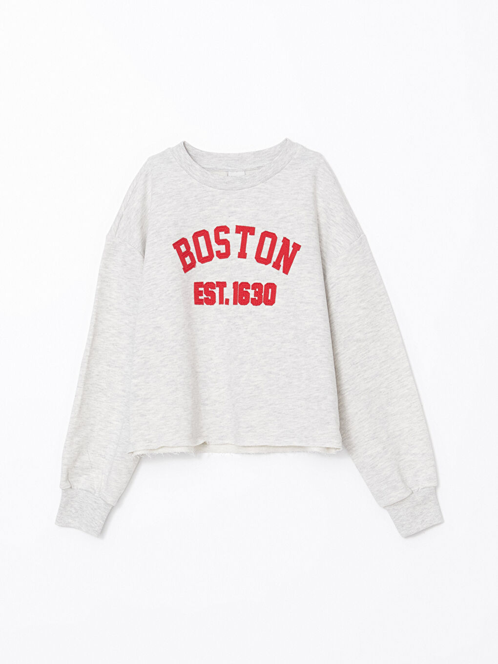 LCW Kids Gri Bisiklet Yaka Boston Baskılı Kız Çocuk Crop Sweatshirt