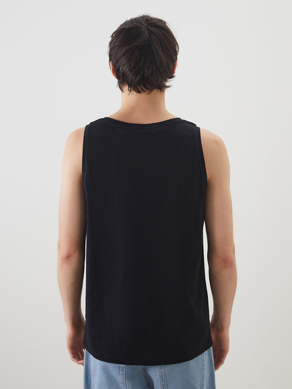 Siyah Bisiklet Yaka Baskılı Erkek Kolsuz Tişört-3