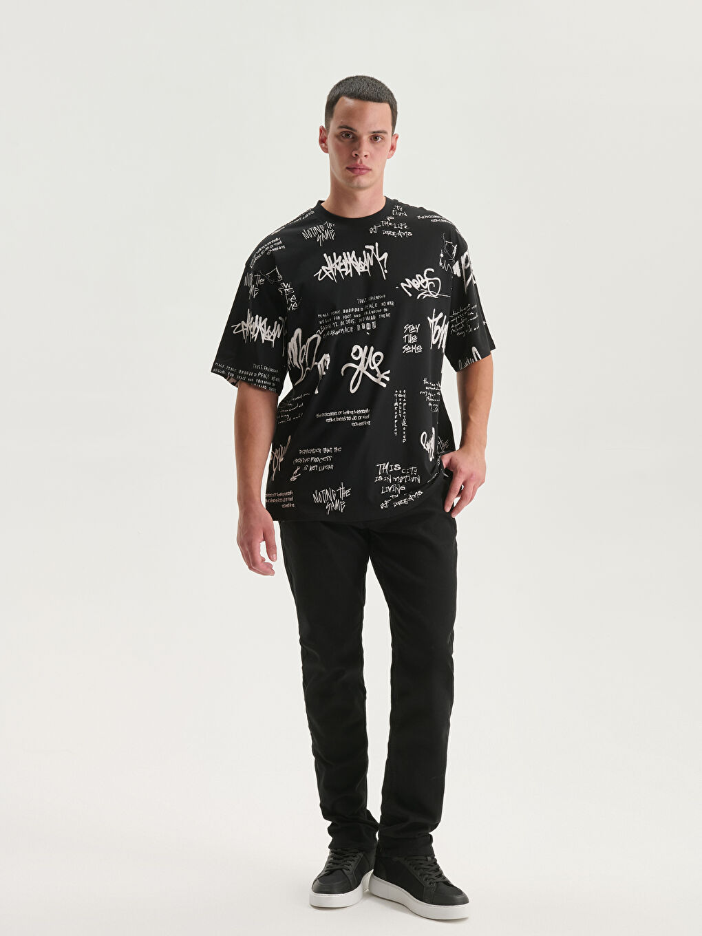 Bisiklet Yaka Baskılı Penye Erkek Tişört-1