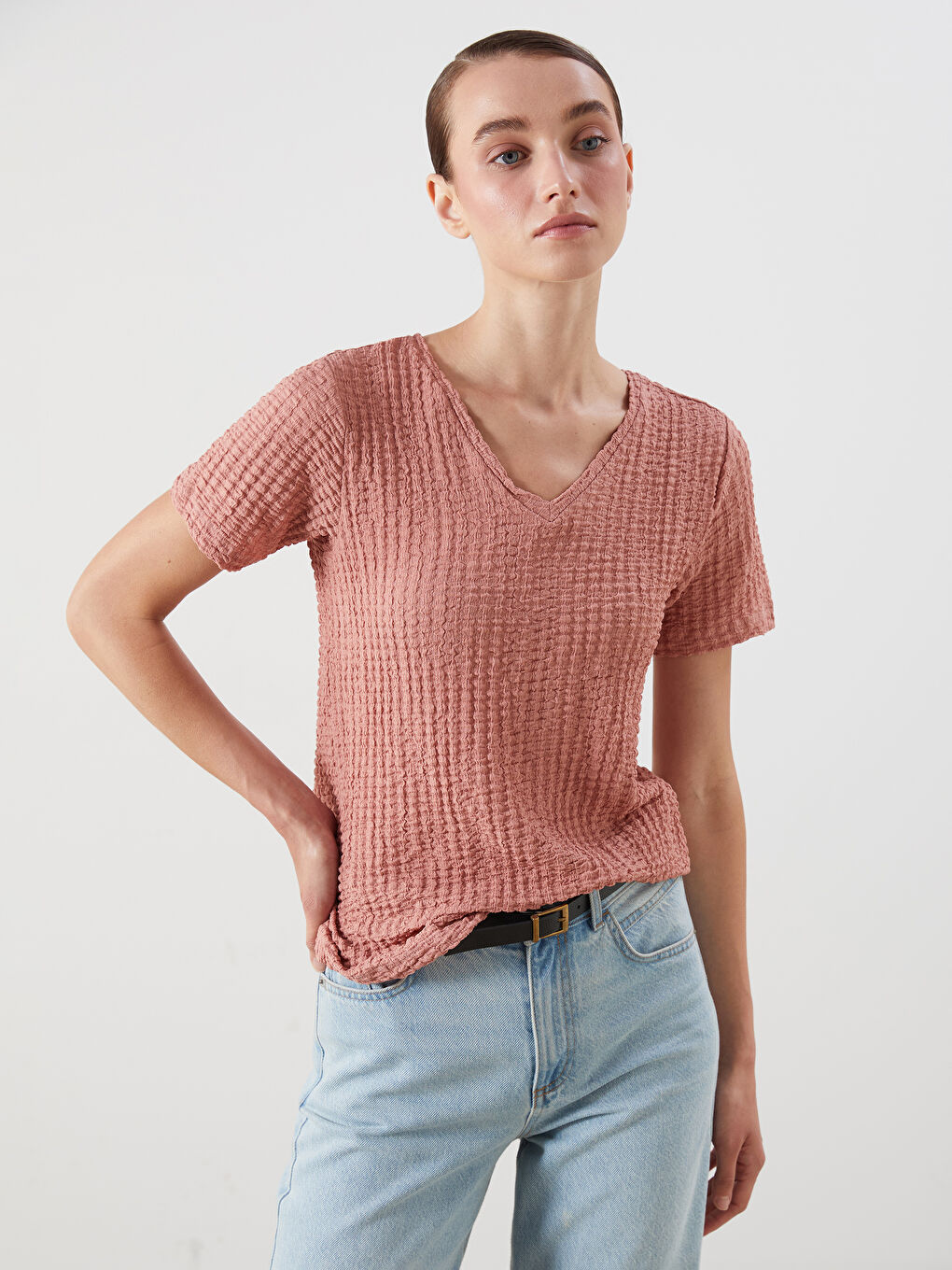 T-shirt pour Femmes Texturé à Encolure en V
