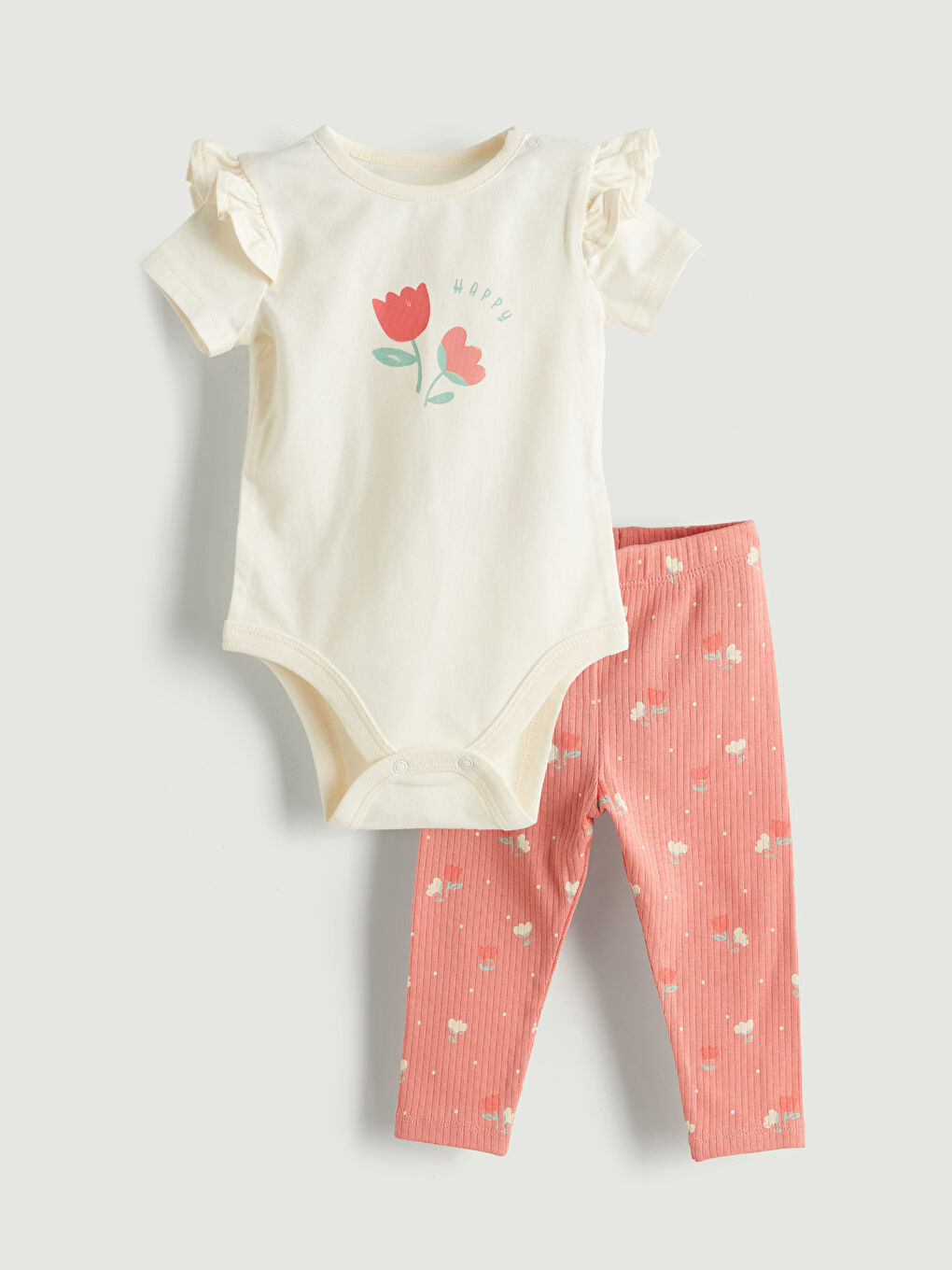 LCW baby Ekru Organik Kumaş Çiçekli Kız Bebek Çıtçıtlı Body ve Tayt 2'li