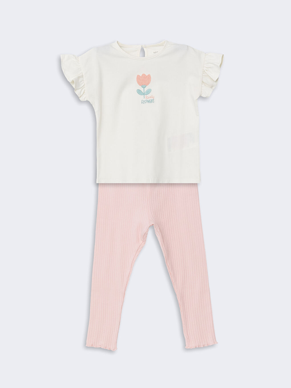 Ekru Organik Kumaş Çiçekli Kız Bebek Tişört ve Tayt 2'li