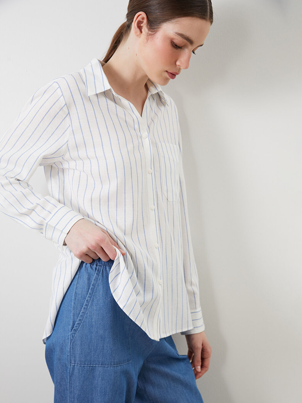 Striped Linen Blend Women's Shirt -S5HM38Z8-LEN