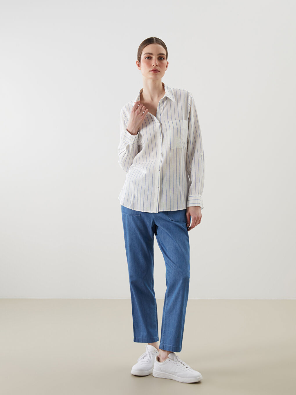 Striped Linen Blend Women's Shirt -S5HM38Z8-LEN