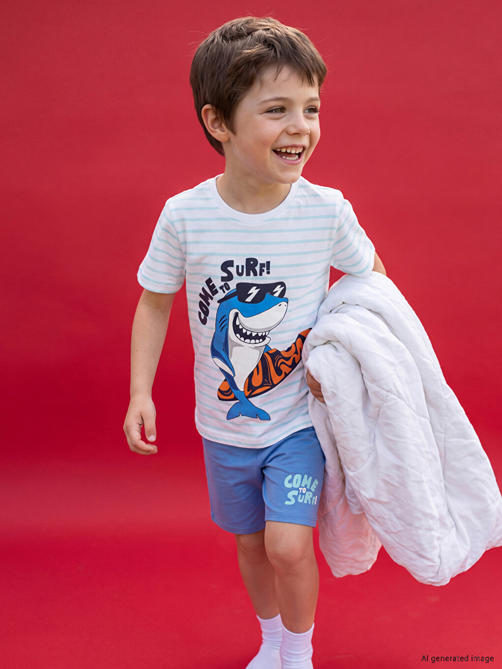 Beyaz Baskılı Erkek Çocuk Şortlu Pijama Takımı-1