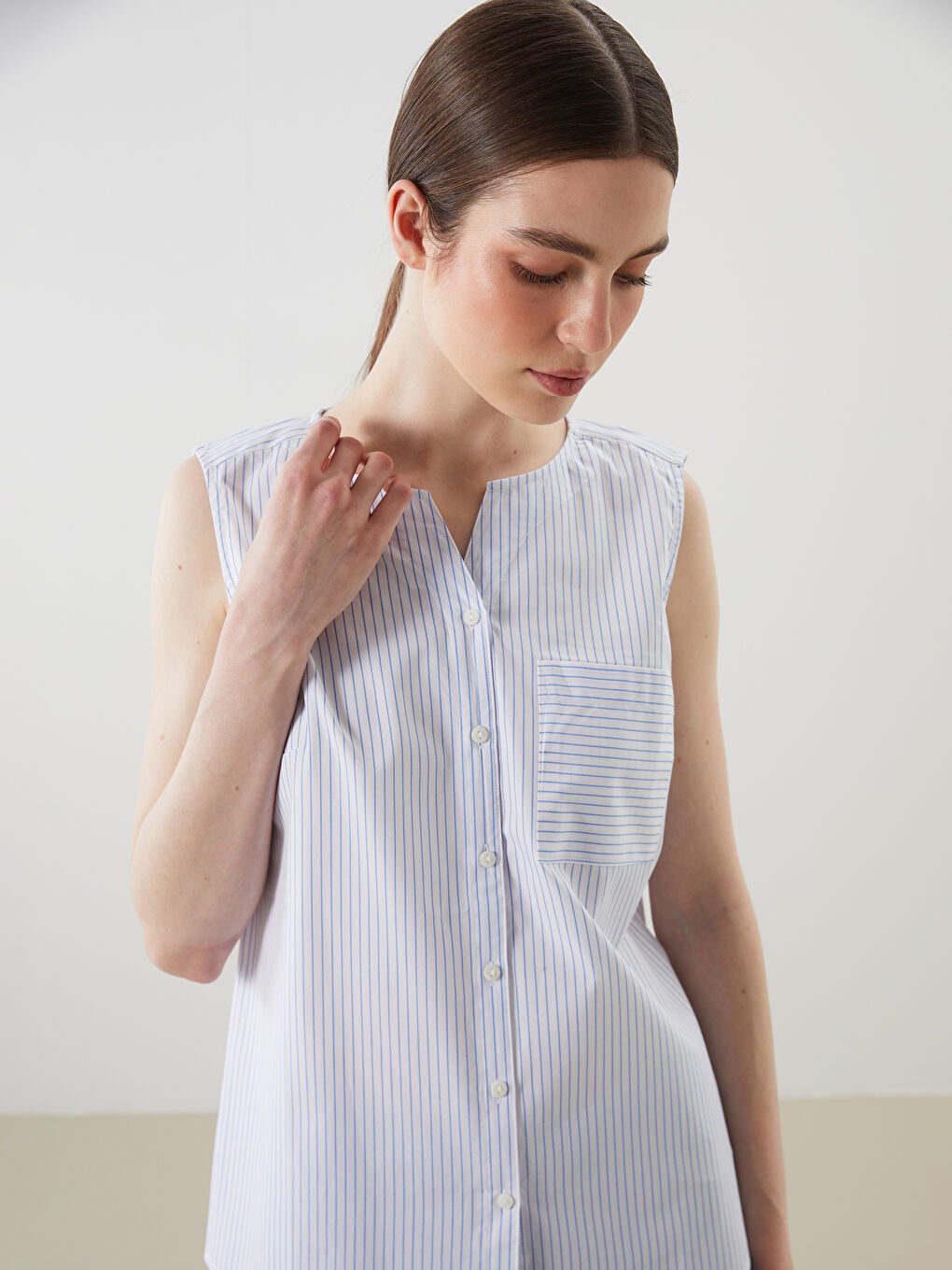 Notch Neck Poplin Women's Blouse -S5HN03Z8-LEN