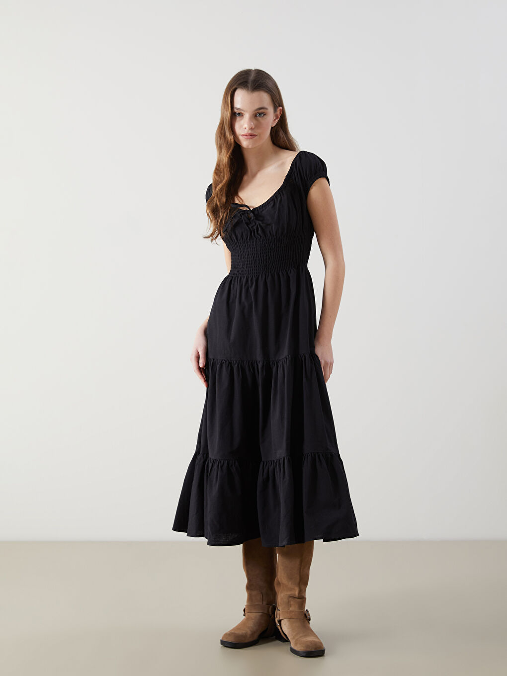 Siyah Kayık Yaka Poplin Kadın Elbise