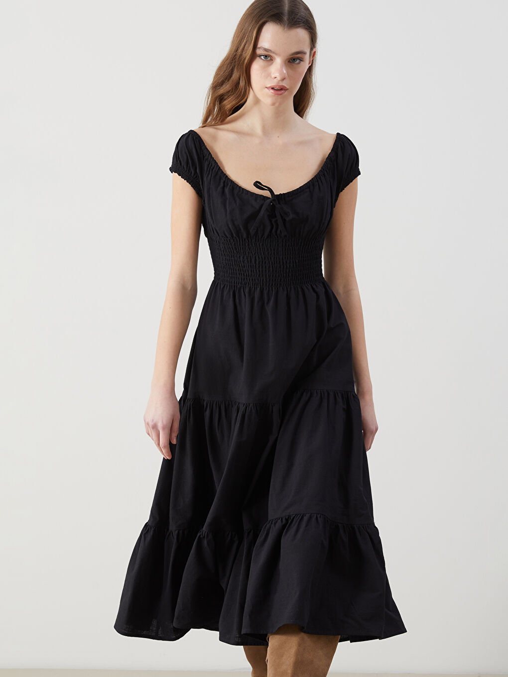 Siyah Kayık Yaka Poplin Kadın Elbise-1