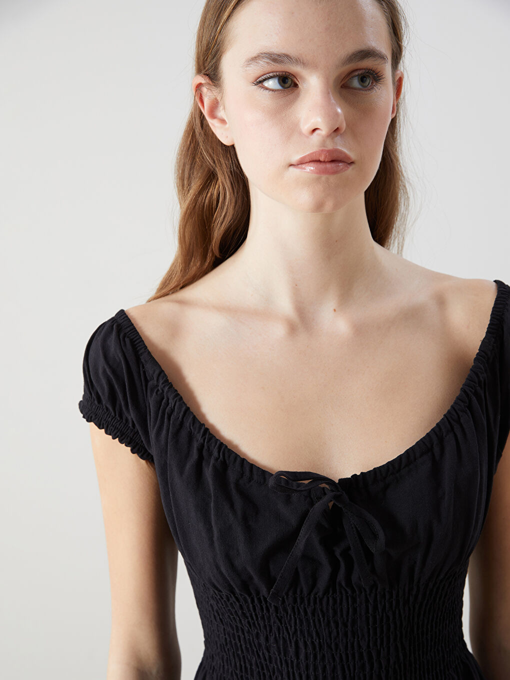 Siyah Kayık Yaka Poplin Kadın Elbise-2