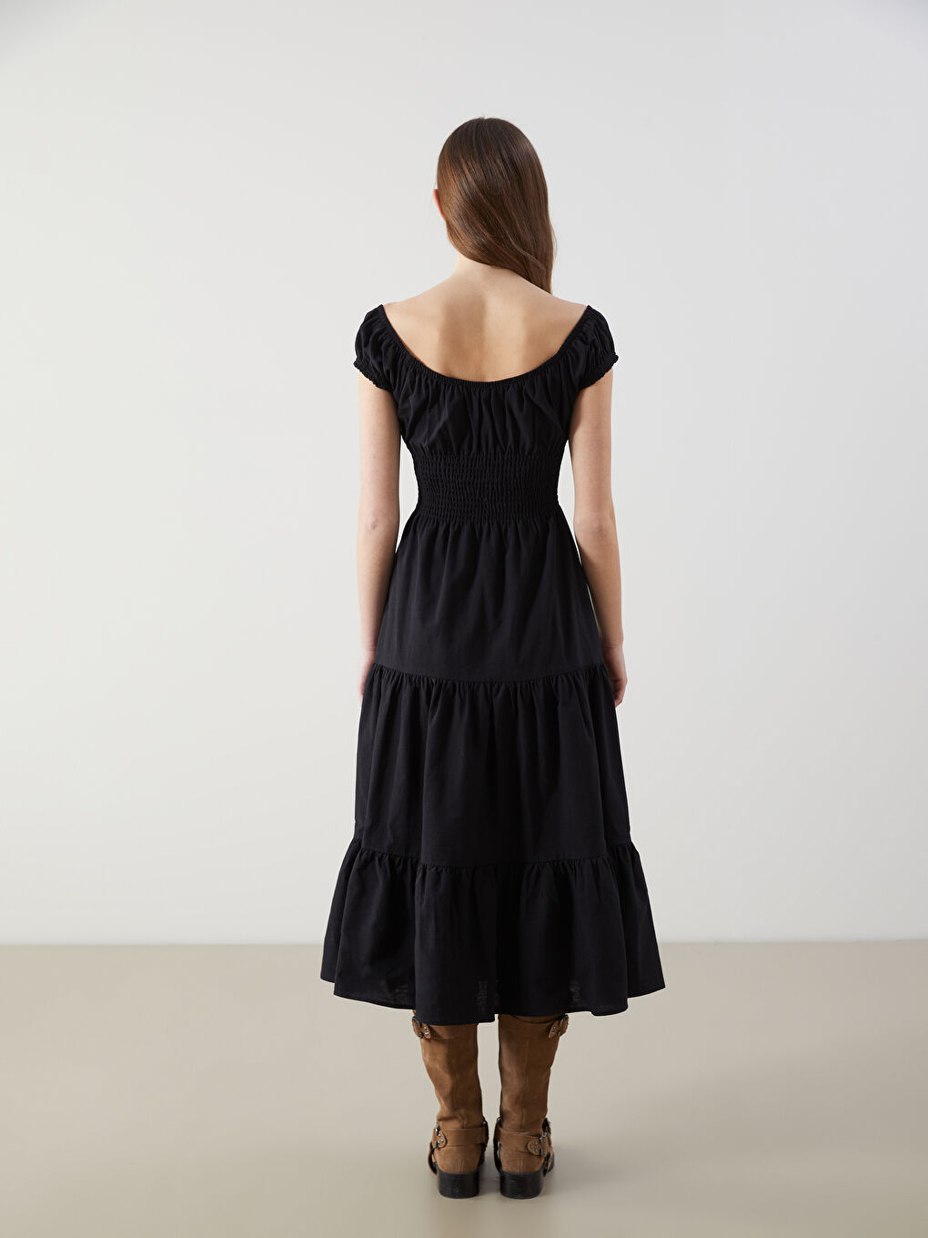 Siyah Kayık Yaka Poplin Kadın Elbise-3