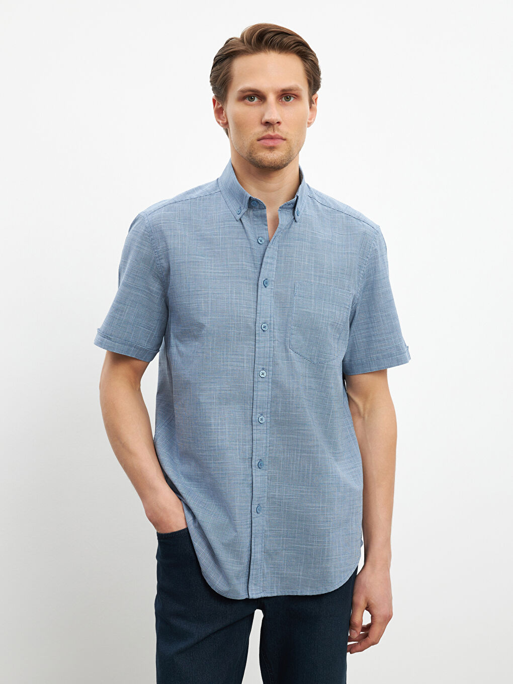 რეგულარული მორგება მოკლე სახელო პოპლინის მამაკაცის პერანგი-1